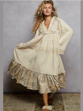 Pol Boho Midi Dress Double Gauze Patchwork Oversize Loose Fit Ivory Size S M L